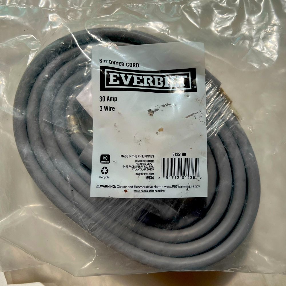 Overbuilt 6 foot Dryer Cord/ 30 amp/3 wire. NIB